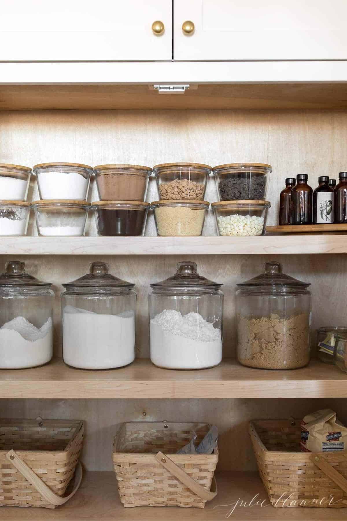 baking pantry filled with dry baking supplies