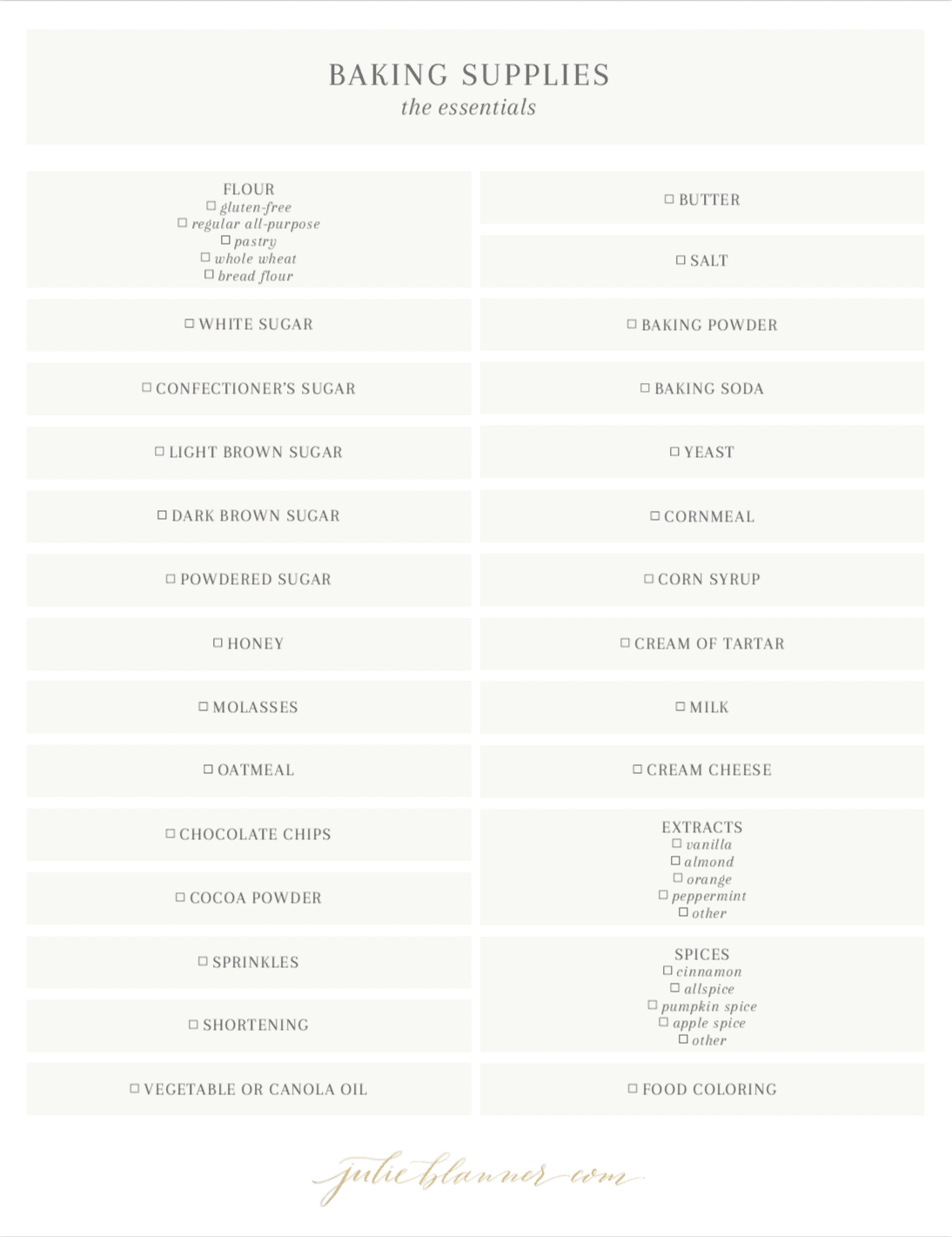 baking supplies checklist