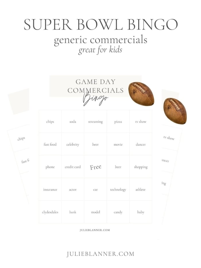 A white graphic with the headline of "super bowl bingo" and a variety of superbowl bingo cards