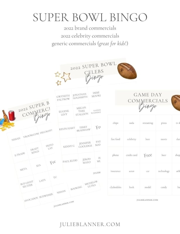 A white graphic with the headline of "super bowl bingo" and a variety of superbowl bingo cards