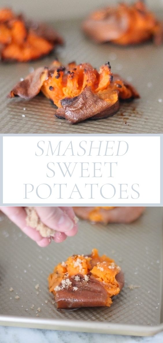 hand sprinkling brown sugar over smashed sweet potatoes on baking sheet.