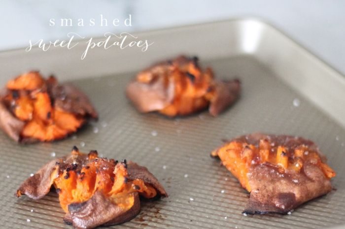 easy smashed sweet potatoes on baking sheet with text overlay