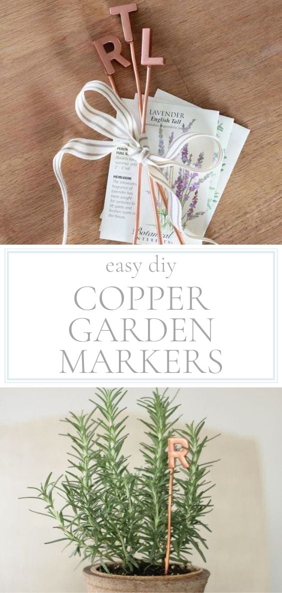 Copper Garden MArkers are tied together with a grey and white stripped piece of fabric with seeds and also a copper garden marker letter R is pictured in a rosemary plant.