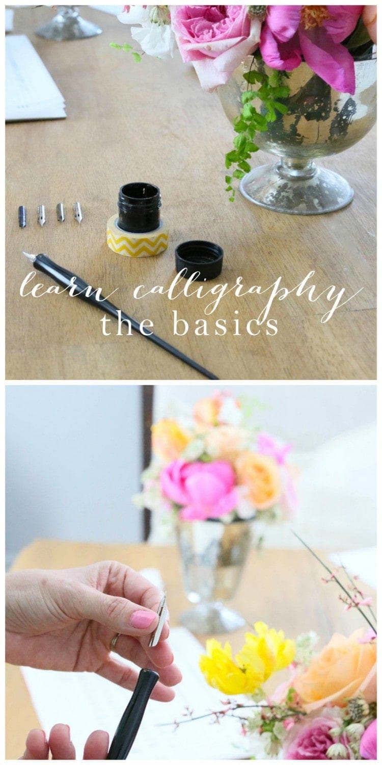 A vase of flowers on a table with a calligraphy pen and ink next to it, as well as someone practicing calligraphy. 