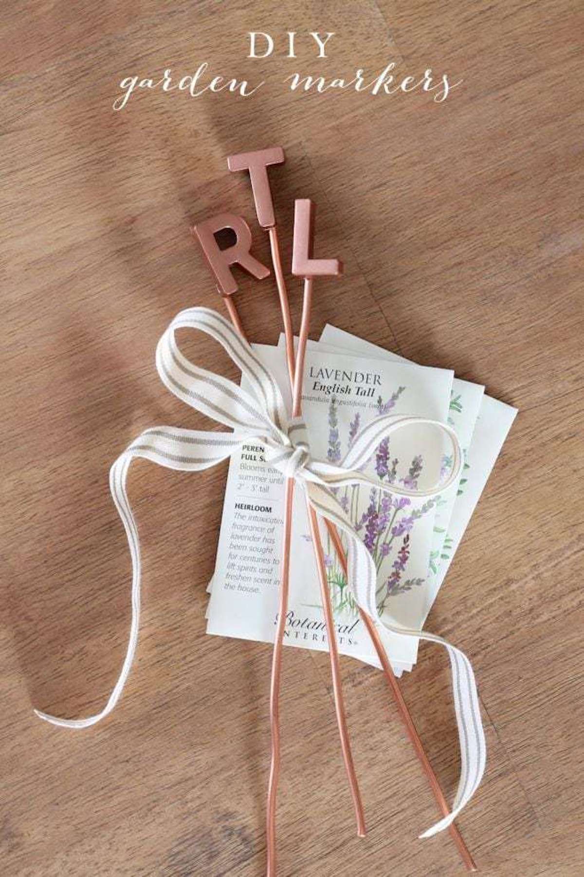 Cute copper DIY garden markers packaged with seed packets. 