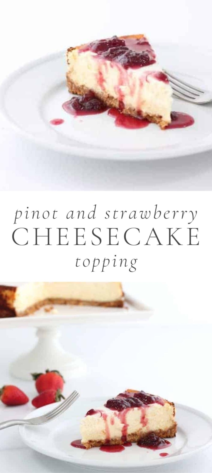 pinot and strawberry cheesecake on plate with fork and strawberries