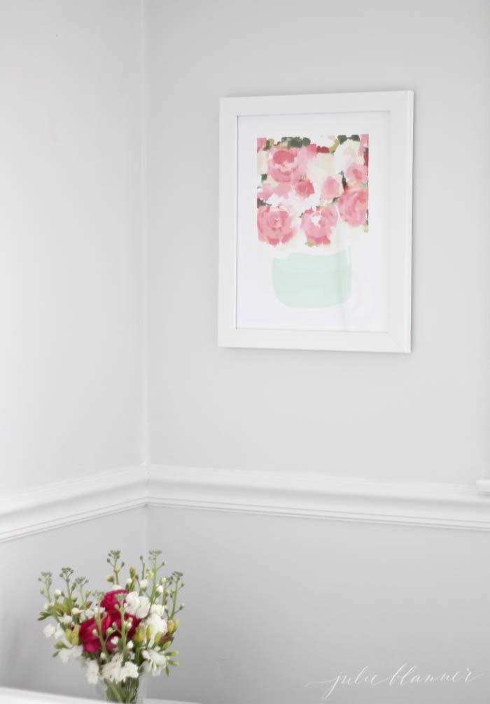Peony art print with shades of pink and mint green from Minted.com