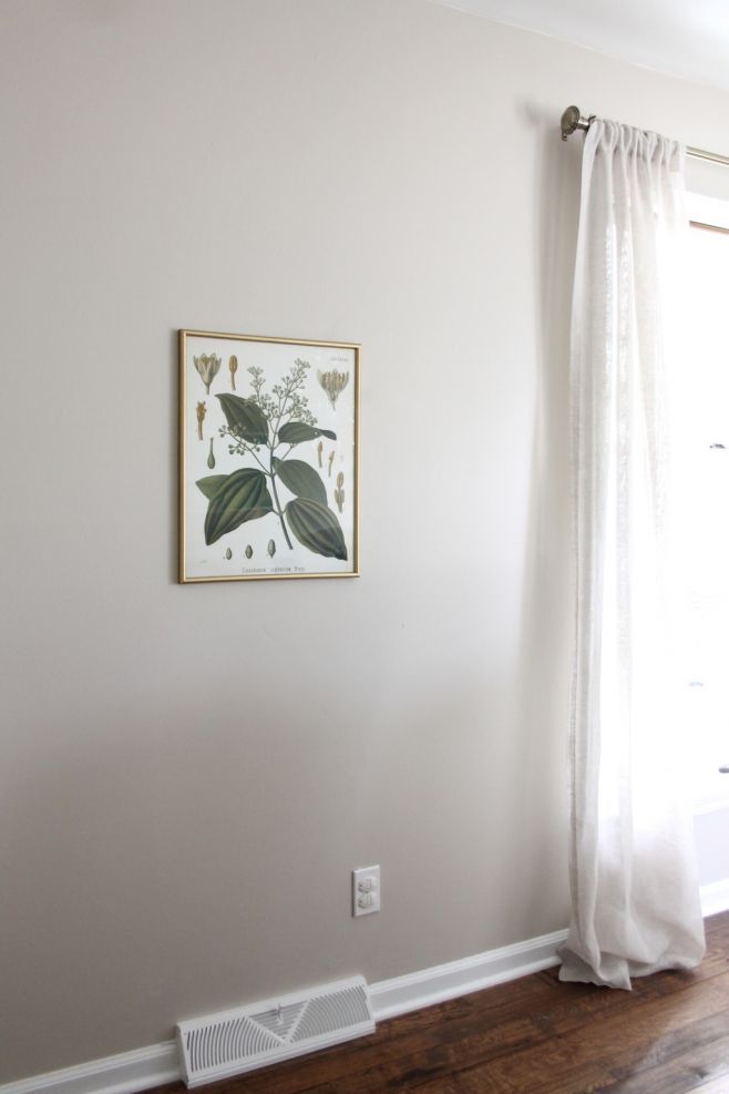 A dining room painted in Sherwin Williams Accessible beige, with a botanical print on the walls. 