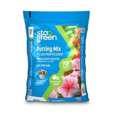 a blue bag of sta-green potting soil from Lowe's
