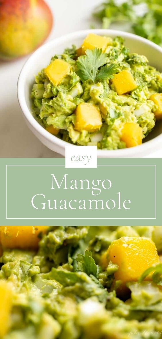 On a marble counter, there is a round white bowl of mango guacamole next to a fresh whole mango and a bunch of cilantro.