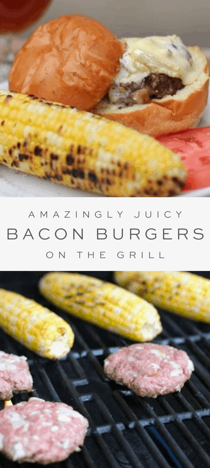 bacon burger with tomato and grilled corn on plate, overlay text, burger patties and corn on the grill close up
