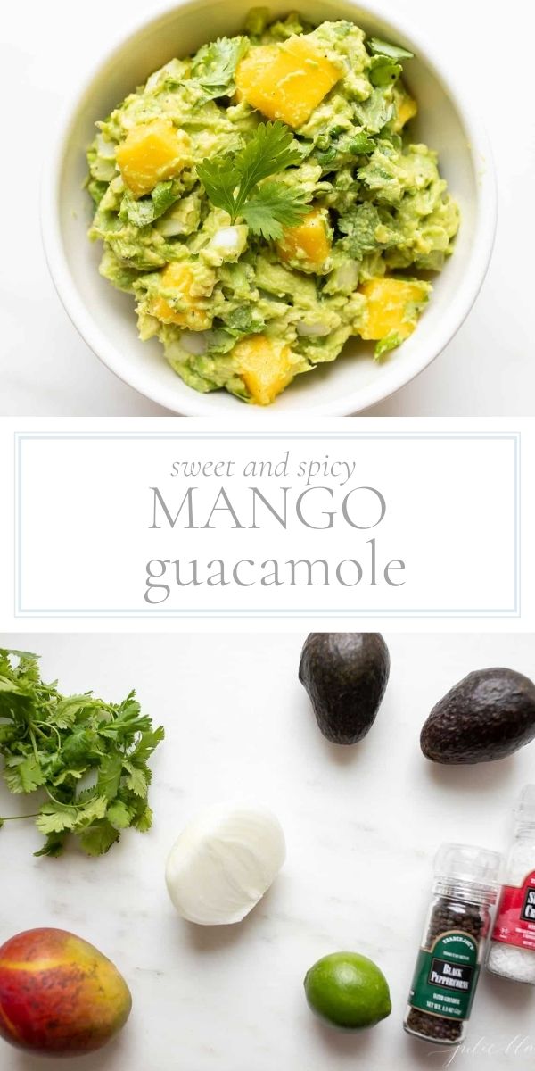 Top photo in post is a white bowl of mango guacamole. Bottom of post is photo of ingredients for mango guacamole.