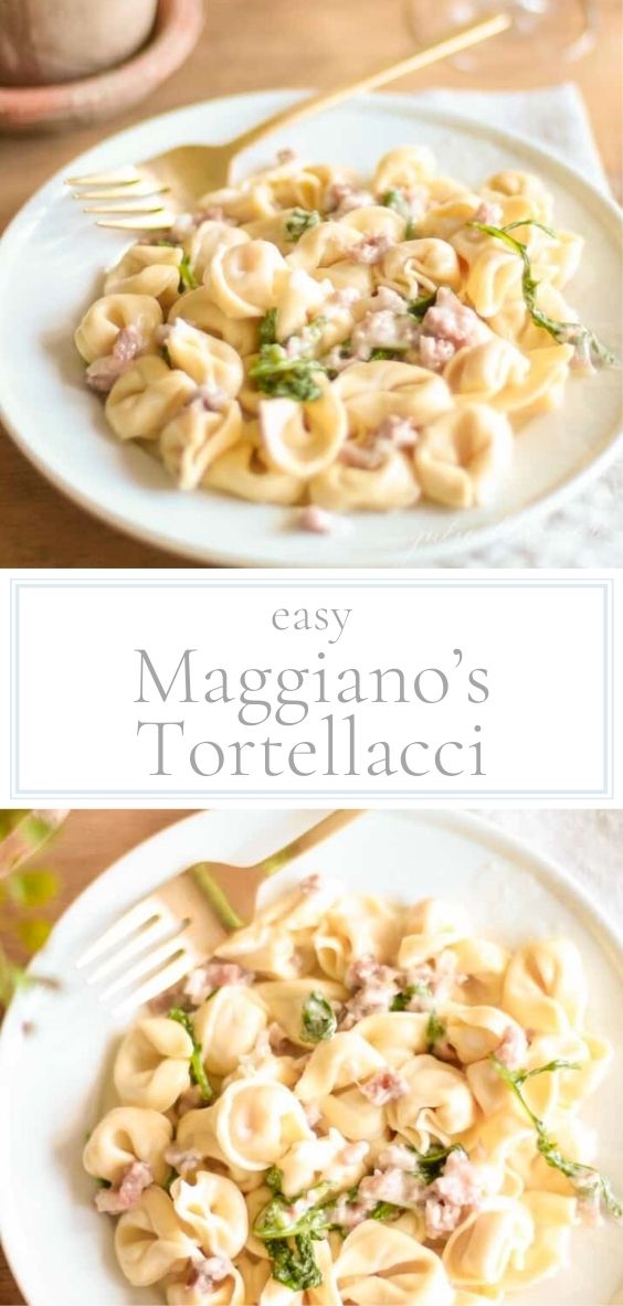 Maggiano'sinspired Tortellaci is pictured upon a white dish with golden utensils.