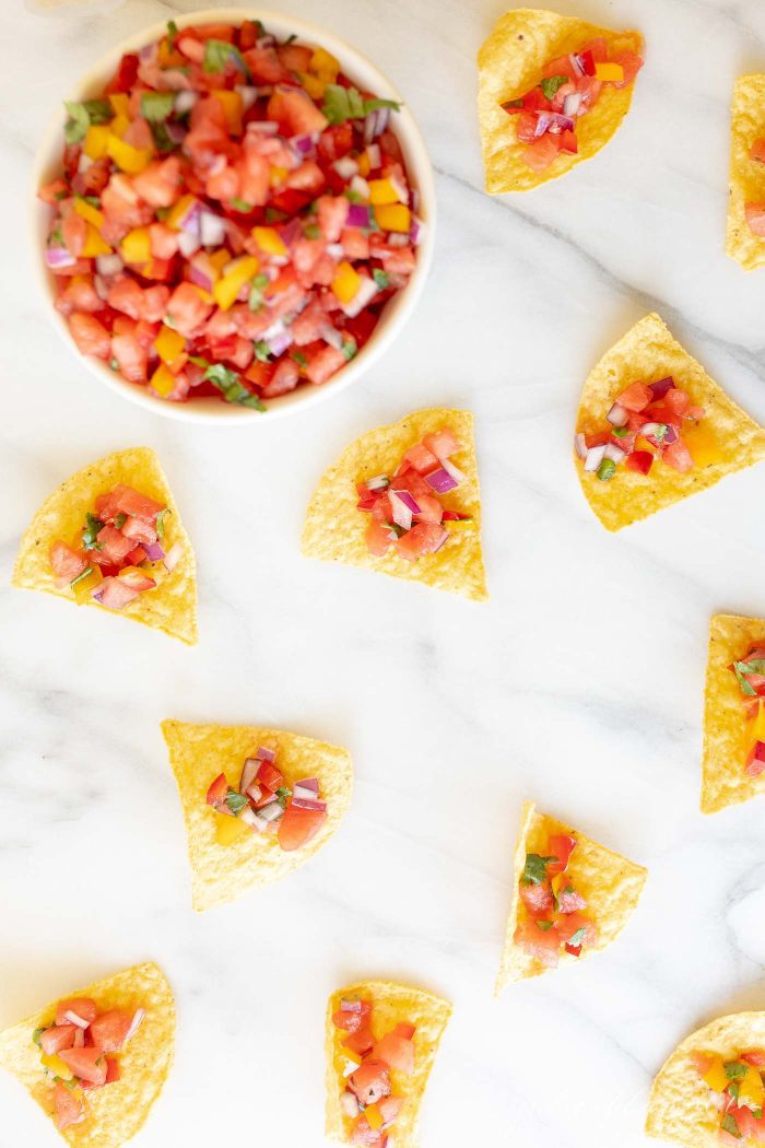 watermelon salsa in a bowl with chips