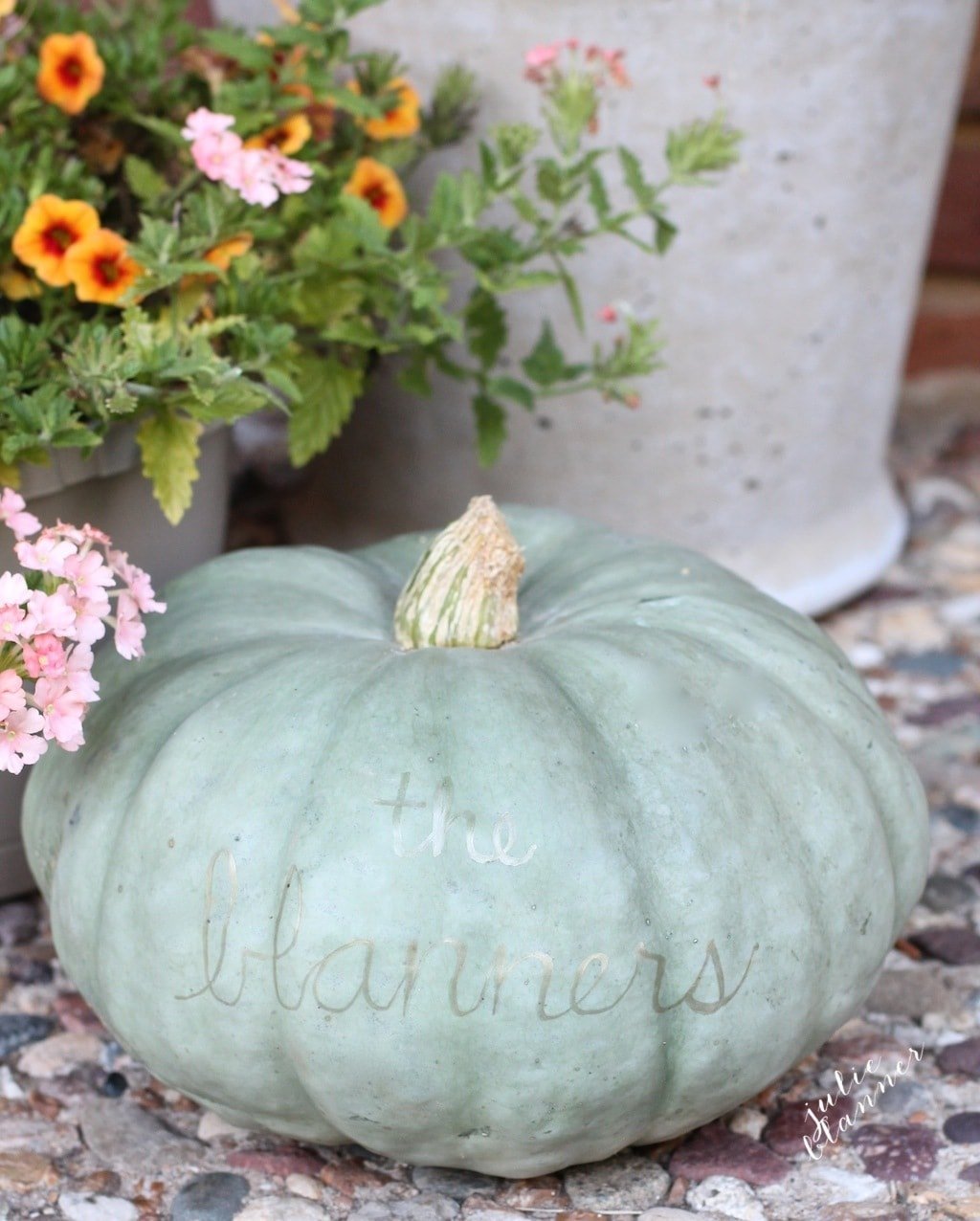 A green pumpkin with a family name written in gold pen