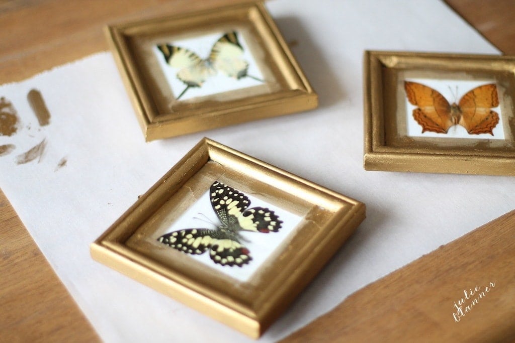 Small butterflies framed in frames that are aged gold with rub n buff.