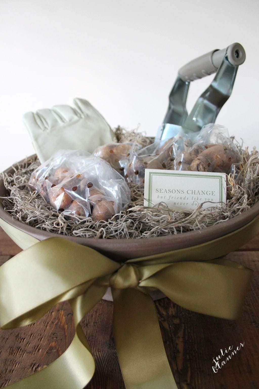 A gardening gift basket in a terra cotta pot