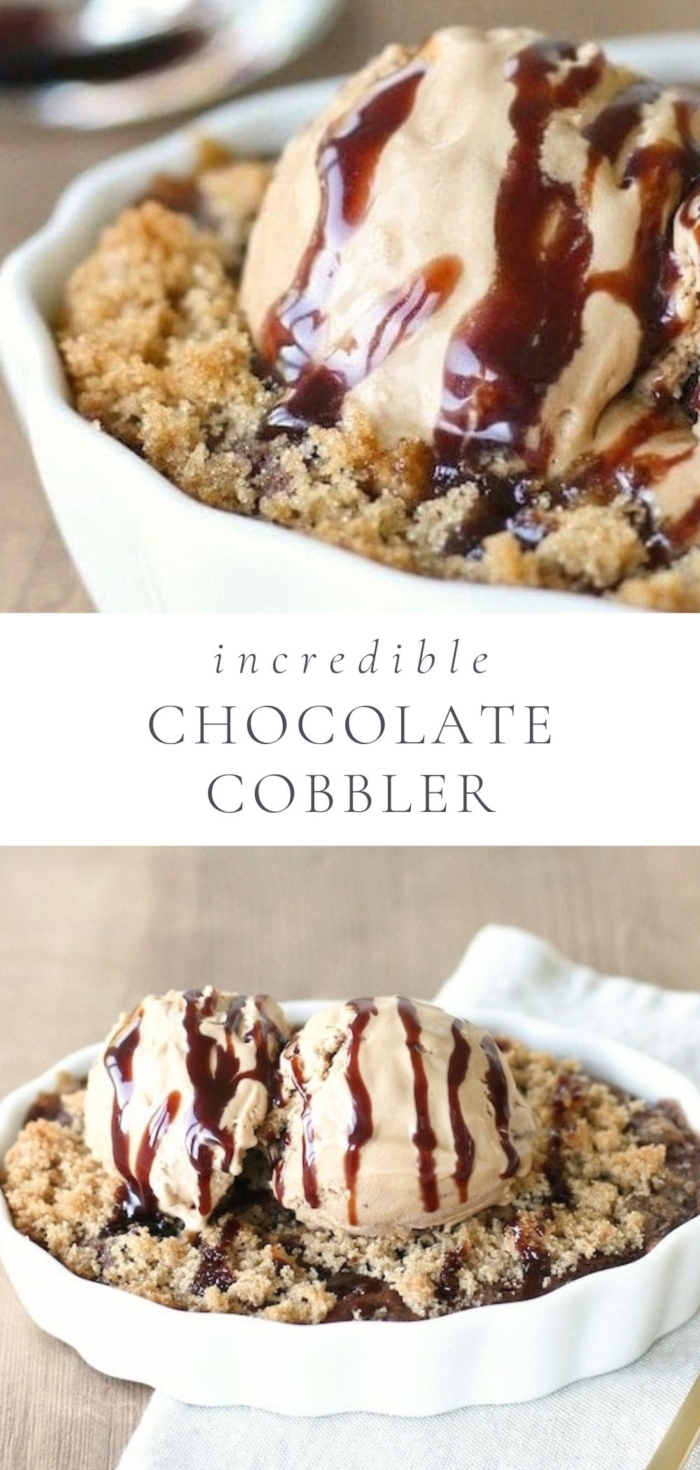two pictures of chocolate cobbler with ice cream and text between