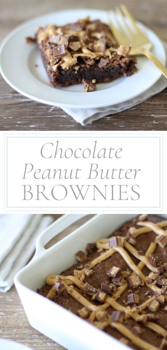 On a round white plate and a square white baking dish, there is chocolate peanut butter brownies.