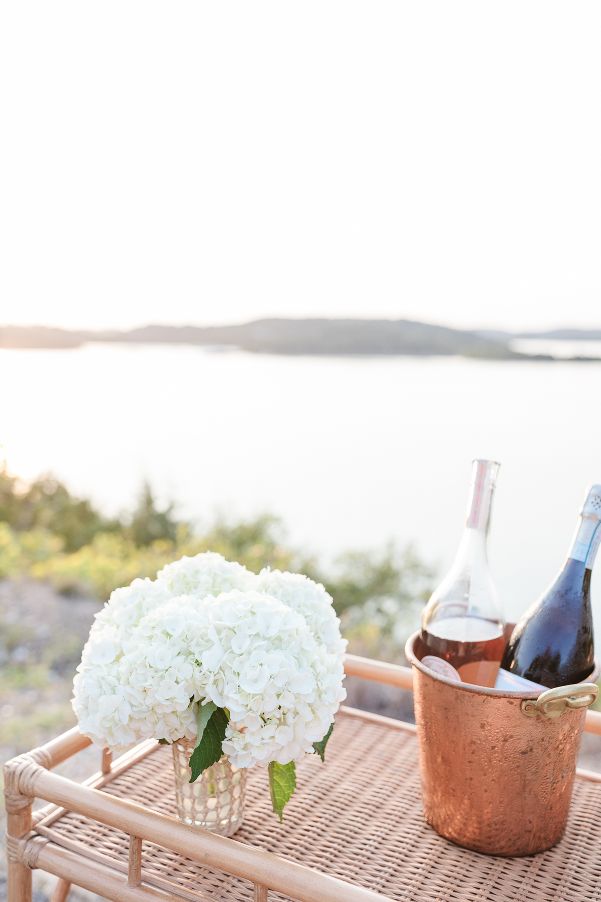 A bar cart styled with a copper champagne bucket and fresh flowers, with a lake in the background.