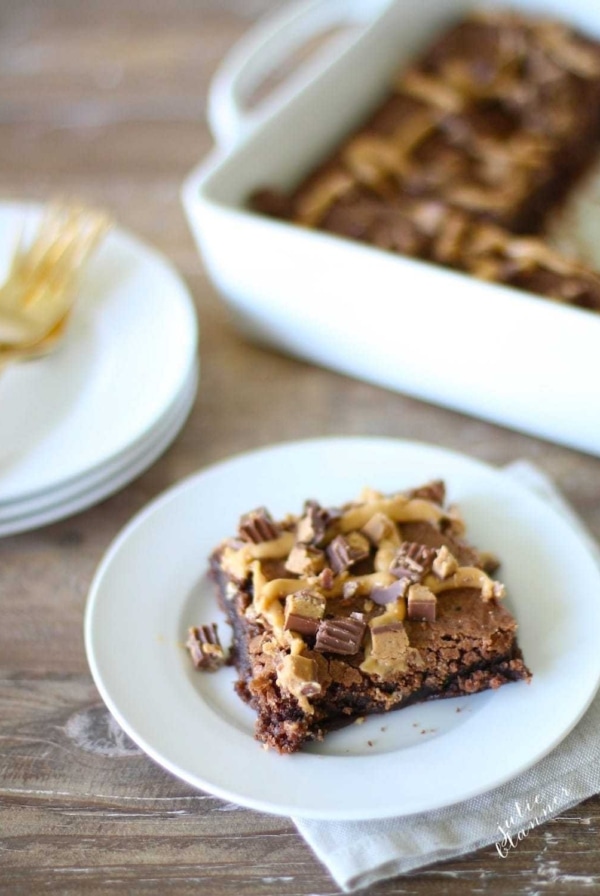5 Minute Brownies with Peanut Butter Ganache - you'll never use a mix again!