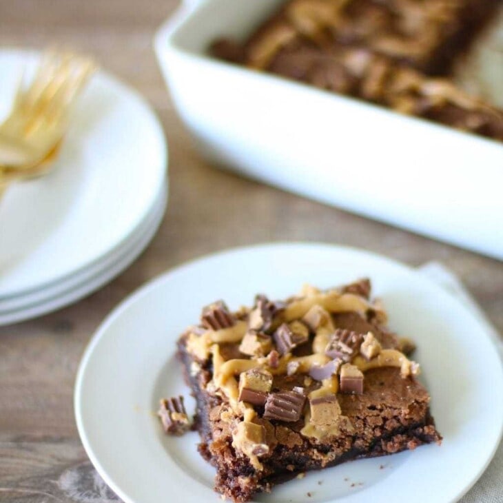 5 Minute Brownies with Peanut Butter Ganache - you'll never use a mix again!