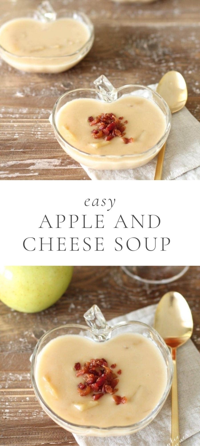 apple and cheese soup in apple shaped bowl with bacon next to green apples