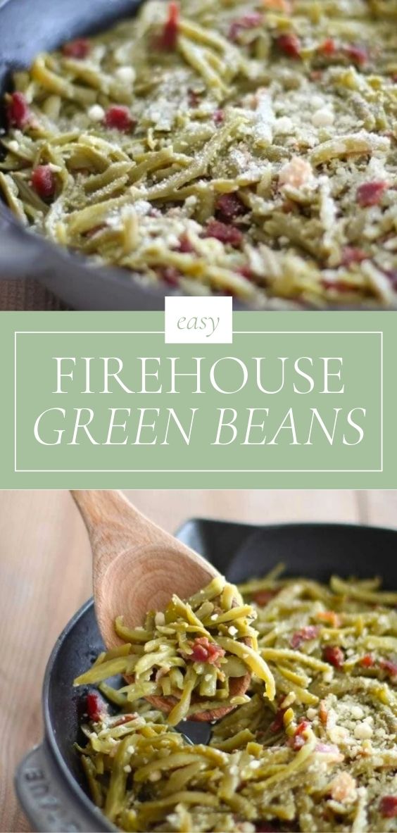 Green beans in a cast iron skillet with bacon and parmesan