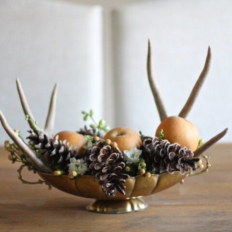A DIY Thanksgiving centerpiece of fruit, pine cones, berries and antlers in a brass bowl