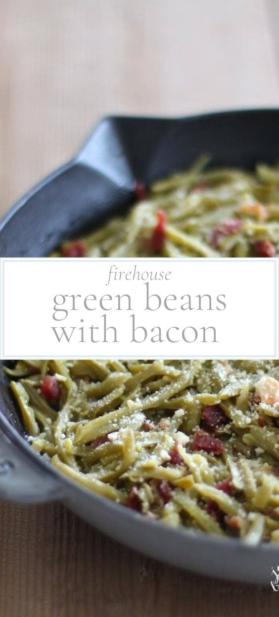 Cast iron pan with green beans with bacon .