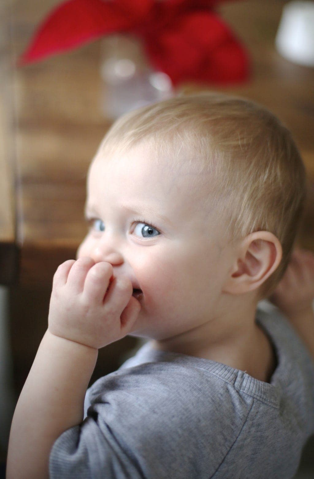 A baby eating a chocolate no bake cookie.