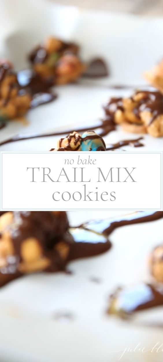 No-bake trail-mix cookies drizzled with chocolate