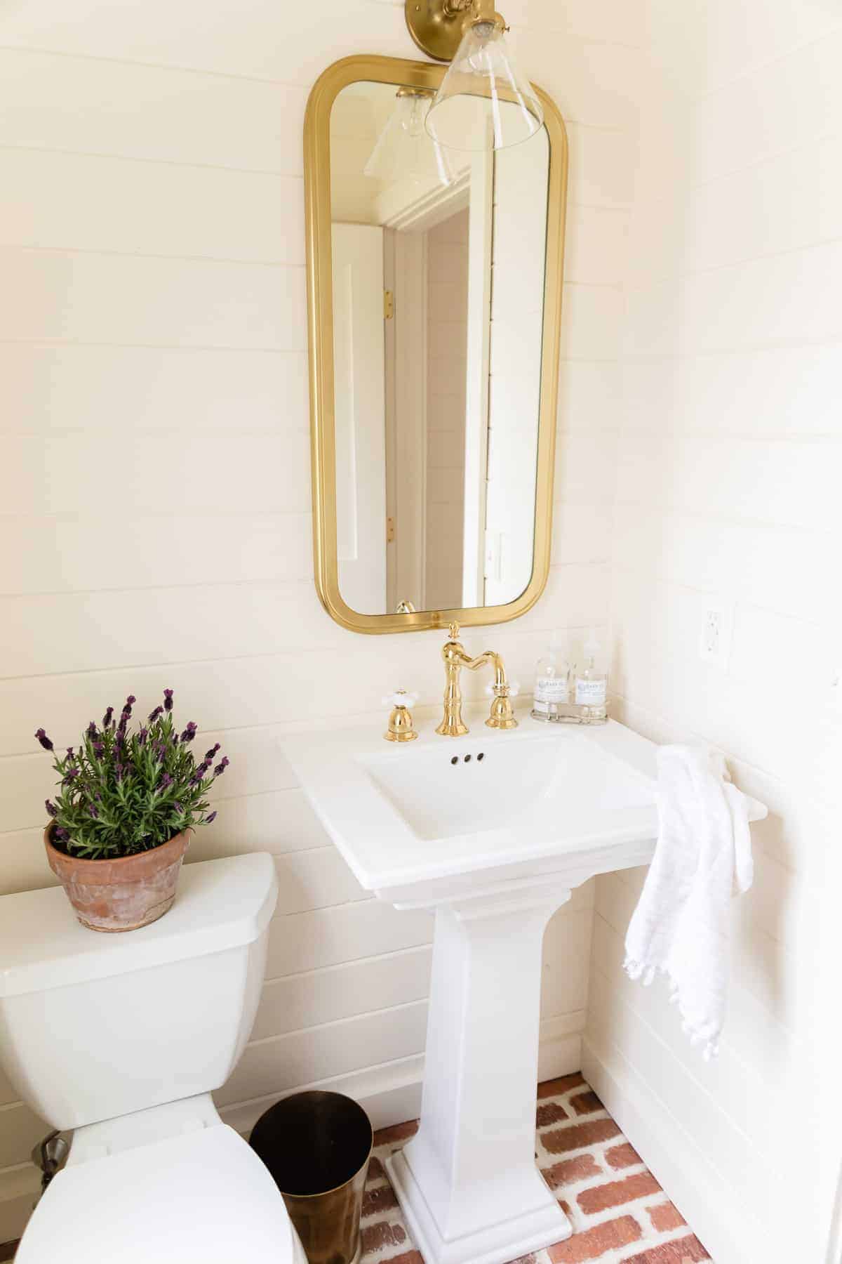 brass sconce over mirror and sink in bathroom, a pot of french lavender on the toilet