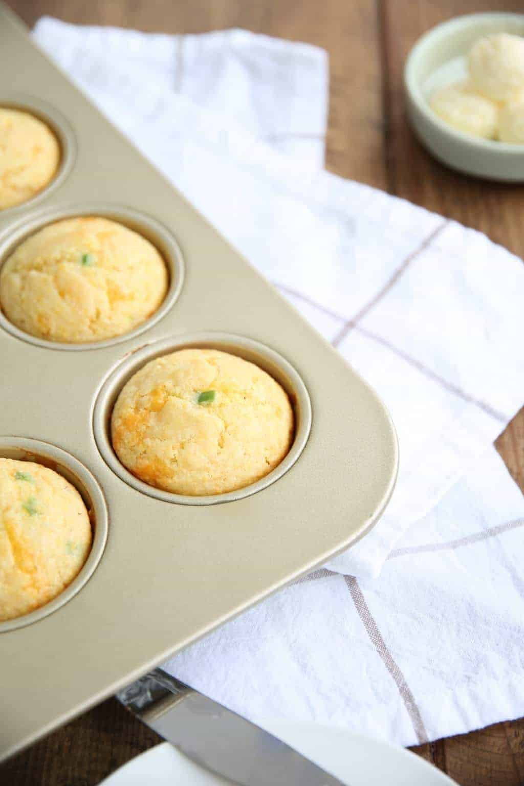 Close up of a baked muffin in a tin