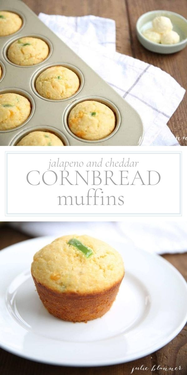 Top of photo is a photo of a corner of a silver muffin pain with yellow cornbread muffins. Bottom photo is a single muffin on a white plate.