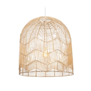 A rattan basket pendant light with a white shade.