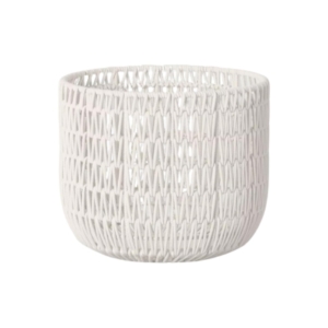 A white wicker basket on a light background.