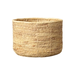 A small woven basket on a white background.