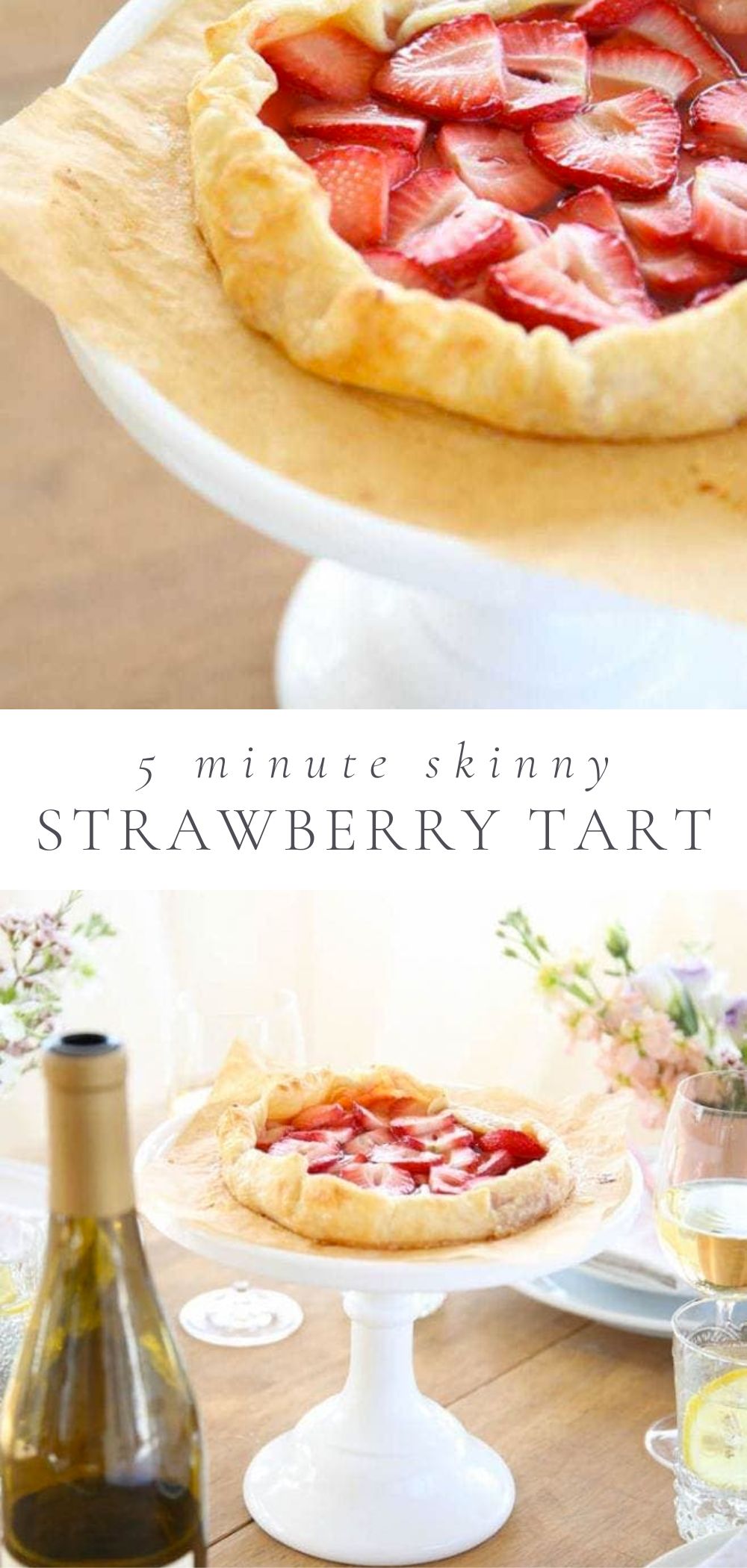 5 minute skinny strawberry tart is pictured on a white display stand on a wooden table