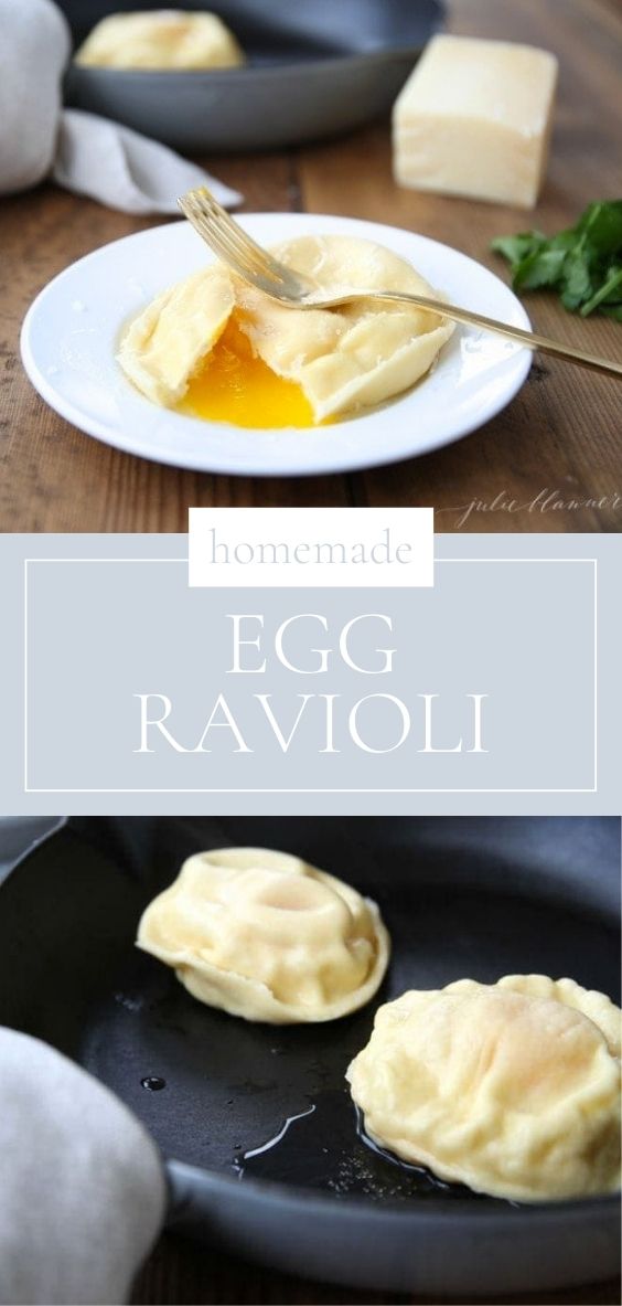 Title page shows 2 pictures. The top picture over the title banner shows a round white plate on a wooden table with a homemade egg ravioli and a fork and the photo that is below the title banner is showing two egg raviolis in a cast iron pan.