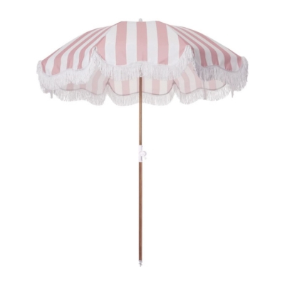 a pink striped beach umbrella