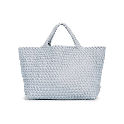 a blue woven tote