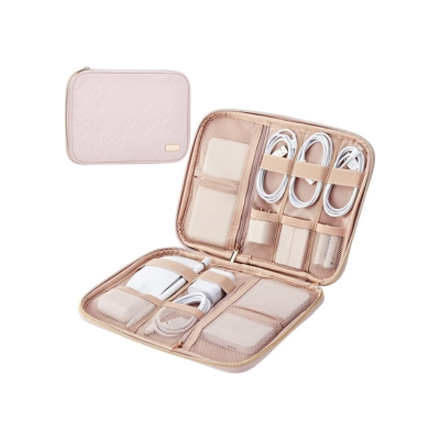 A pink organizer for chargers