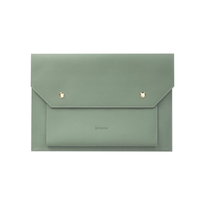 A green leather envelope for traveling