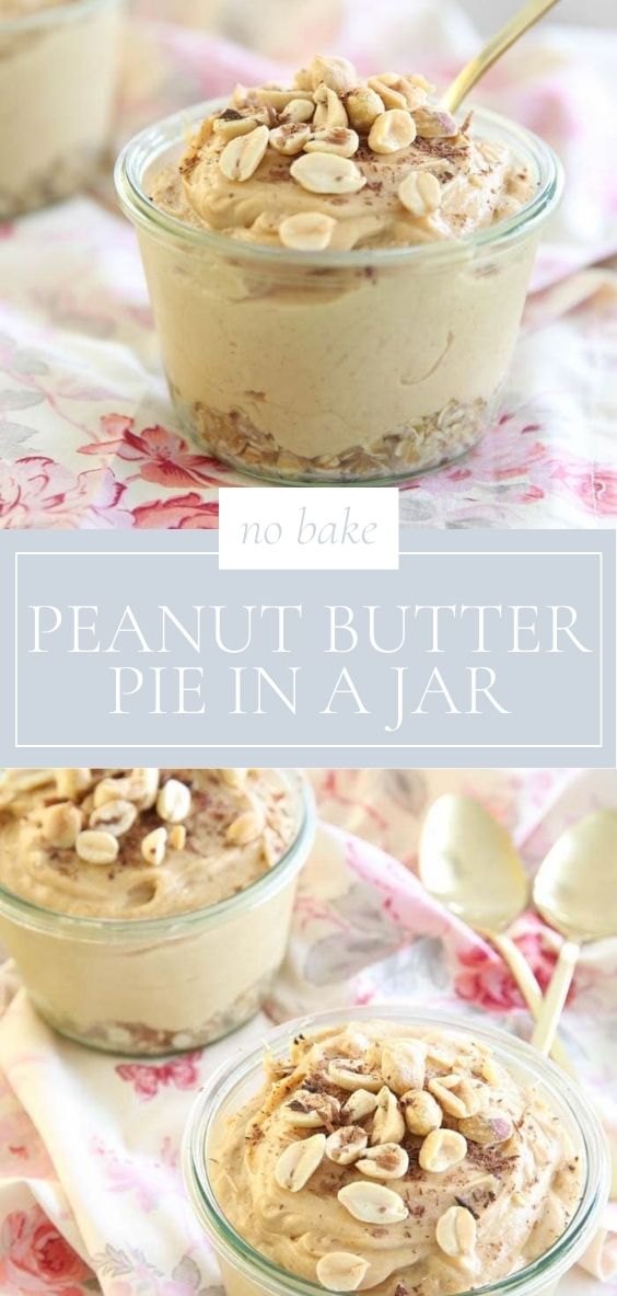 No bake Peanut Butter Pin In A Jar is pictured on top of a floral table setting with golden spoons.