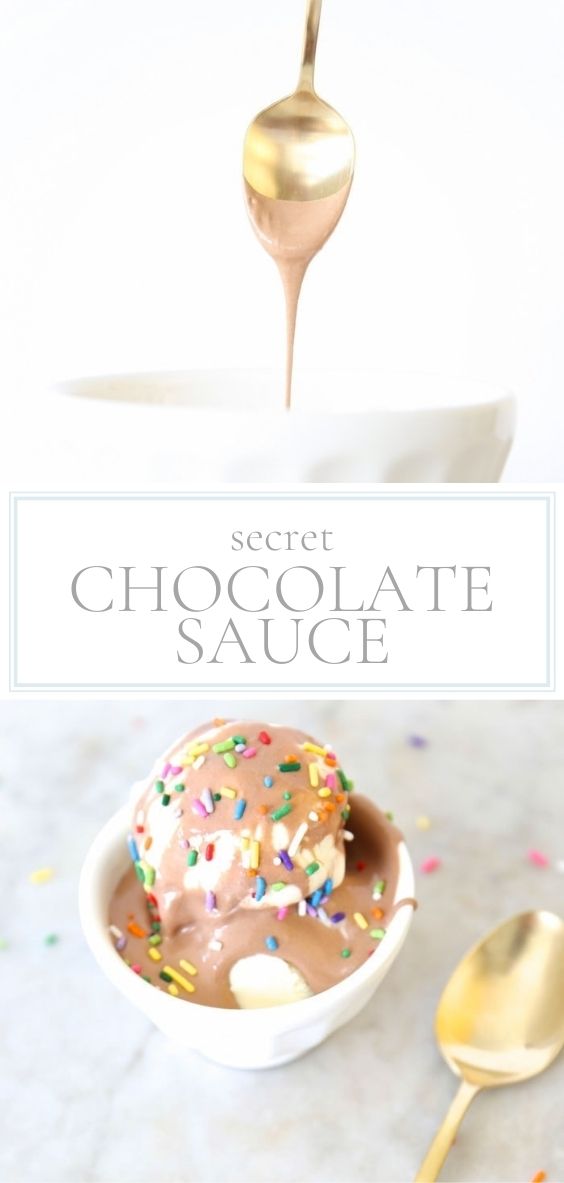 Secret Chocolate Sauce is pictured being drizzled from a golden spoon over a white bowl and over ice cream with rainbow sprinkles in a white bowl on a marble counter top.