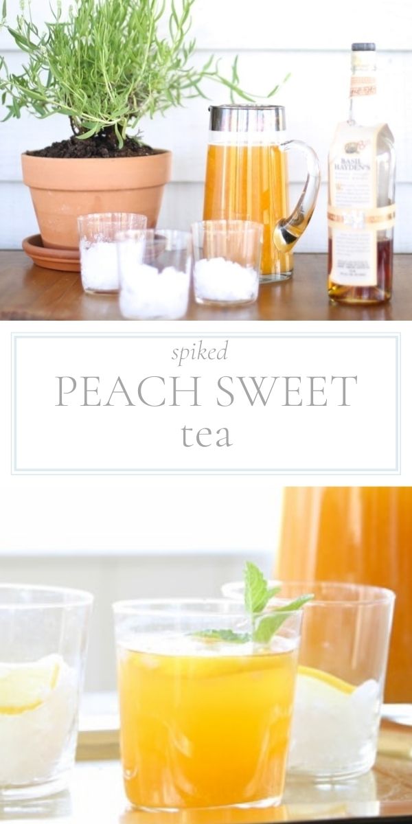Top photo is a pitcher of spiked peach sweet tea along with some glass tumbler glasses with ice cubes. Bottom photo is a close up of a tumbler glass of spiked peach sweet tea.