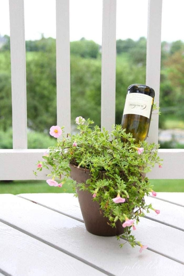 How to water plants while you're out of town | wine bottle self watering system