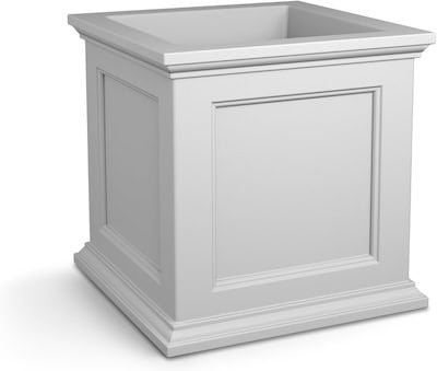 A square white porch planter box with decorative trim and recessed paneling on each side, shown against a plain background.