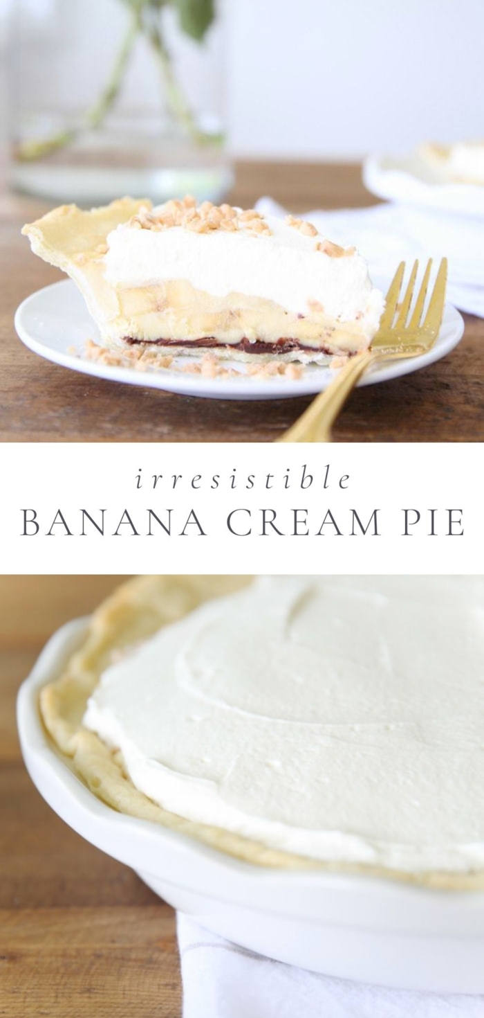 There are two pictures on this title page, one is a whole banana cream pie, close up and the other is a slice of banana cream pie on a white plate pictured with crumbs and a golden fork.